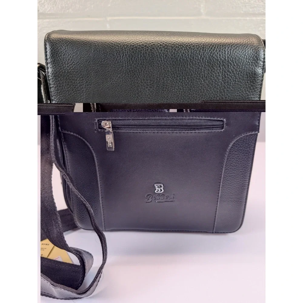 BOSSNI Leather Black Crossbody Handbag Zip Adjustable Strap Pockets NEW